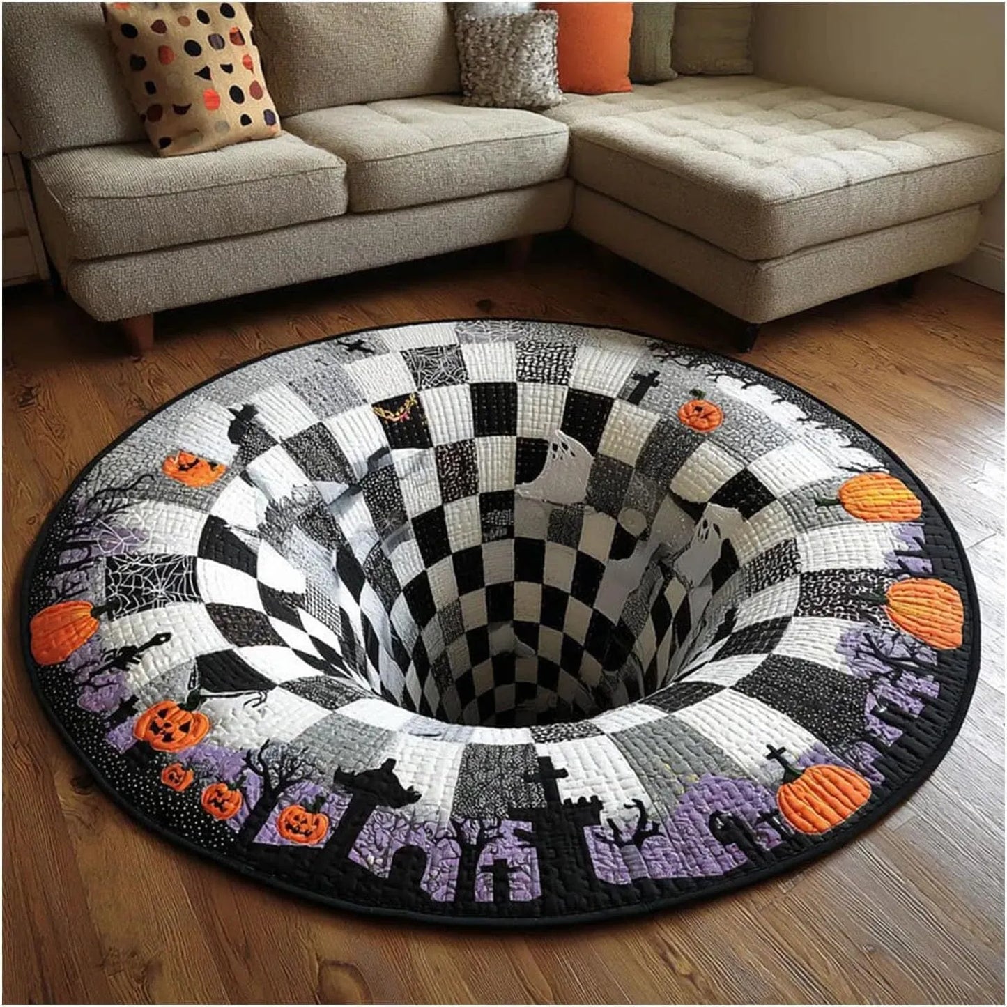 ๐3D Skeleton Vortex Quilted Round Halloween Rug
