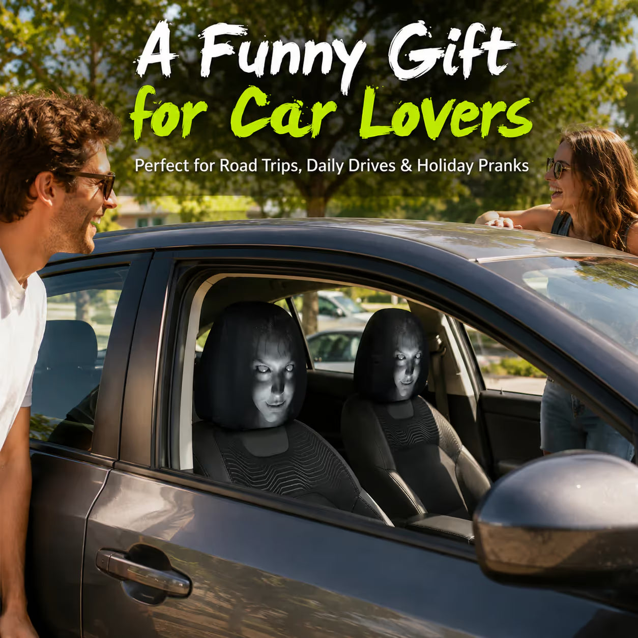 (Halloween 50% Off Sale🔥😆) Funny Cartoon Car Headrest Covers – 2PCS Universal Fit 🚗