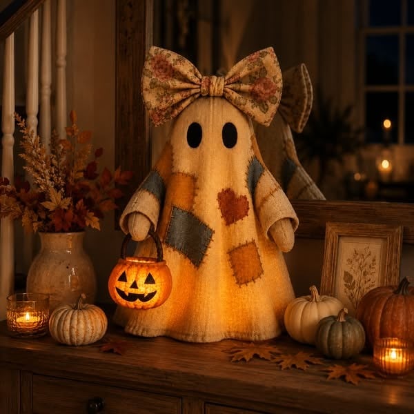 🍂👻 Lighted Vintage Patchwork Ghost