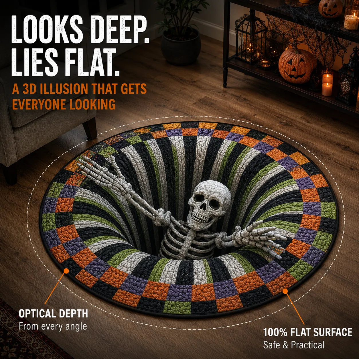 🎃3D Skeleton Vortex Quilted Round Halloween Rug