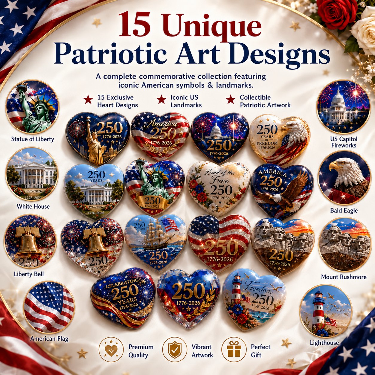 America 250th Anniversary Commemorative Heart Ornament Collection | 15-Piece Patriotic Keepsake Set🎁