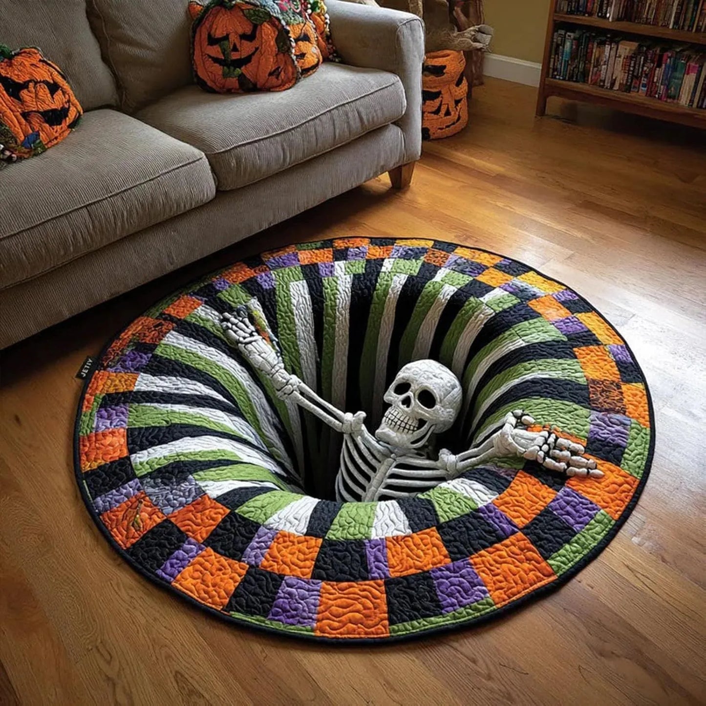 🎃3D Skeleton Vortex Quilted Round Halloween Rug