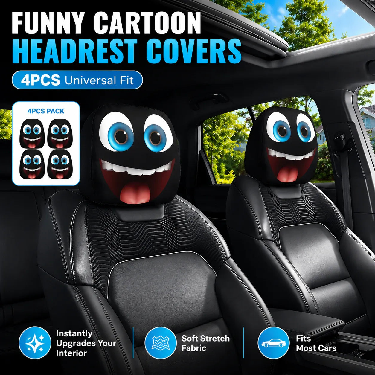(Halloween 50% Off Sale🔥😆) Funny Cartoon Car Headrest Covers – 2PCS Universal Fit 🚗
