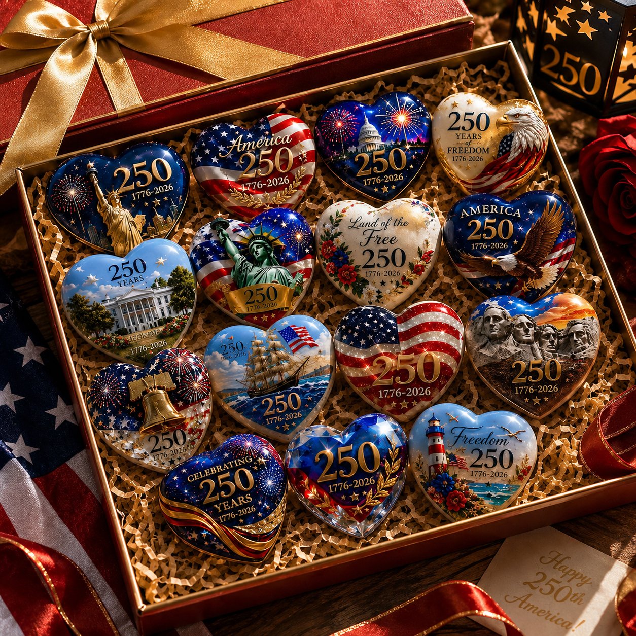 America 250th Anniversary Commemorative Heart Ornament Collection | 15-Piece Patriotic Keepsake Set🎁