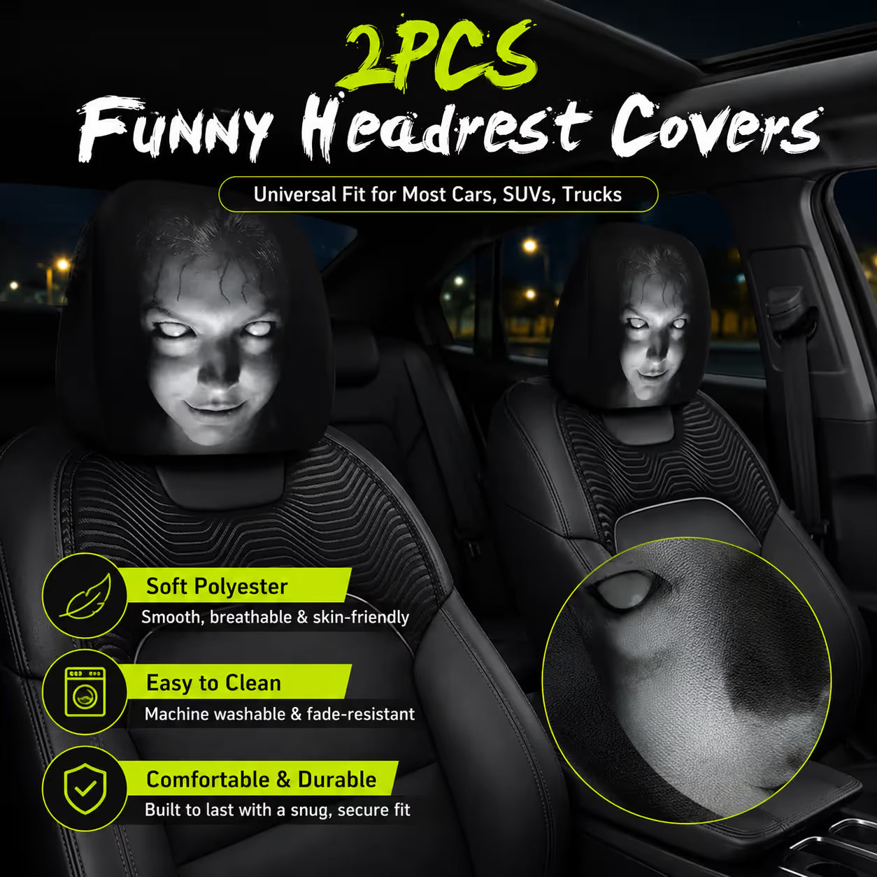(Halloween 50% Off Sale🔥😆) Funny Cartoon Car Headrest Covers – 2PCS Universal Fit 🚗