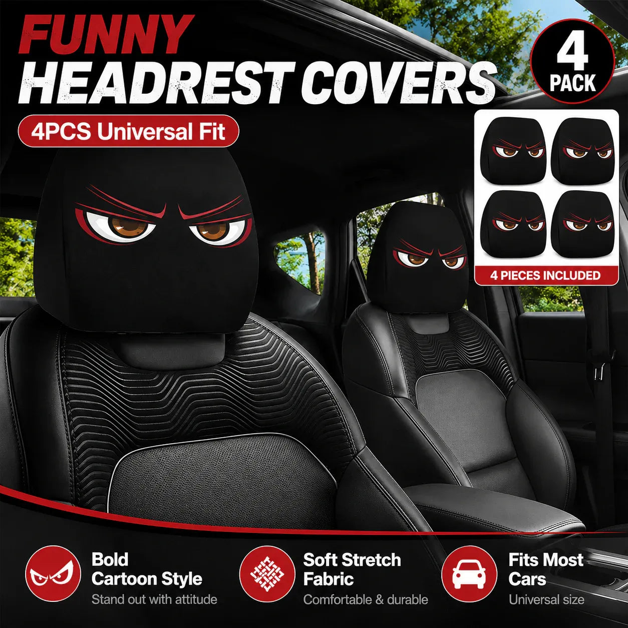 (Halloween 50% Off Sale🔥😆) Funny Cartoon Car Headrest Covers – 2PCS Universal Fit 🚗