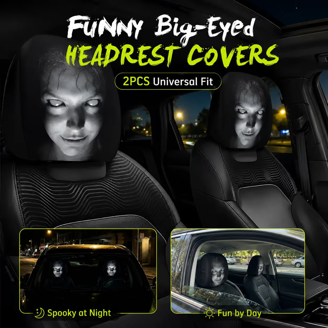 (Halloween 50% Off Sale🔥😆) Funny Cartoon Car Headrest Covers – 2PCS Universal Fit 🚗