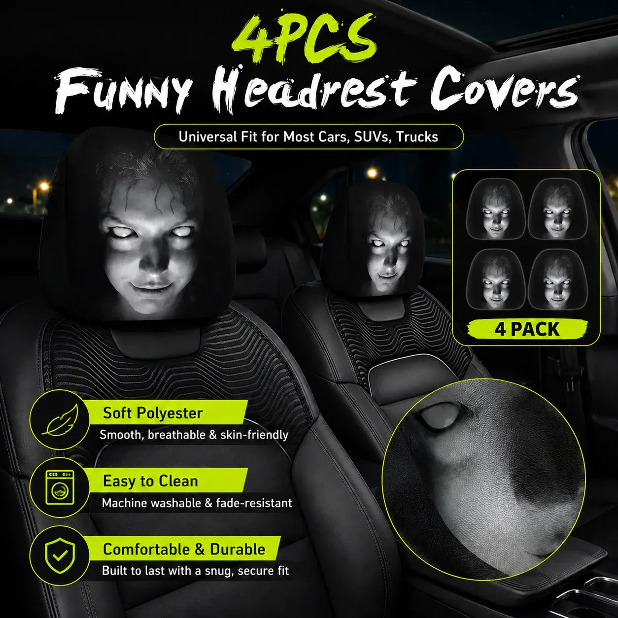 (Halloween 50% Off Sale🔥😆) Funny Cartoon Car Headrest Covers – 2PCS Universal Fit 🚗