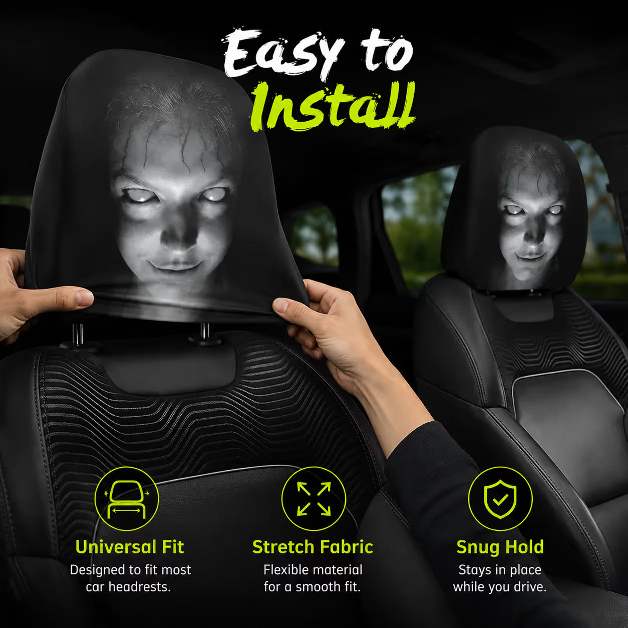 (Halloween 50% Off Sale🔥😆) Funny Cartoon Car Headrest Covers – 2PCS Universal Fit 🚗