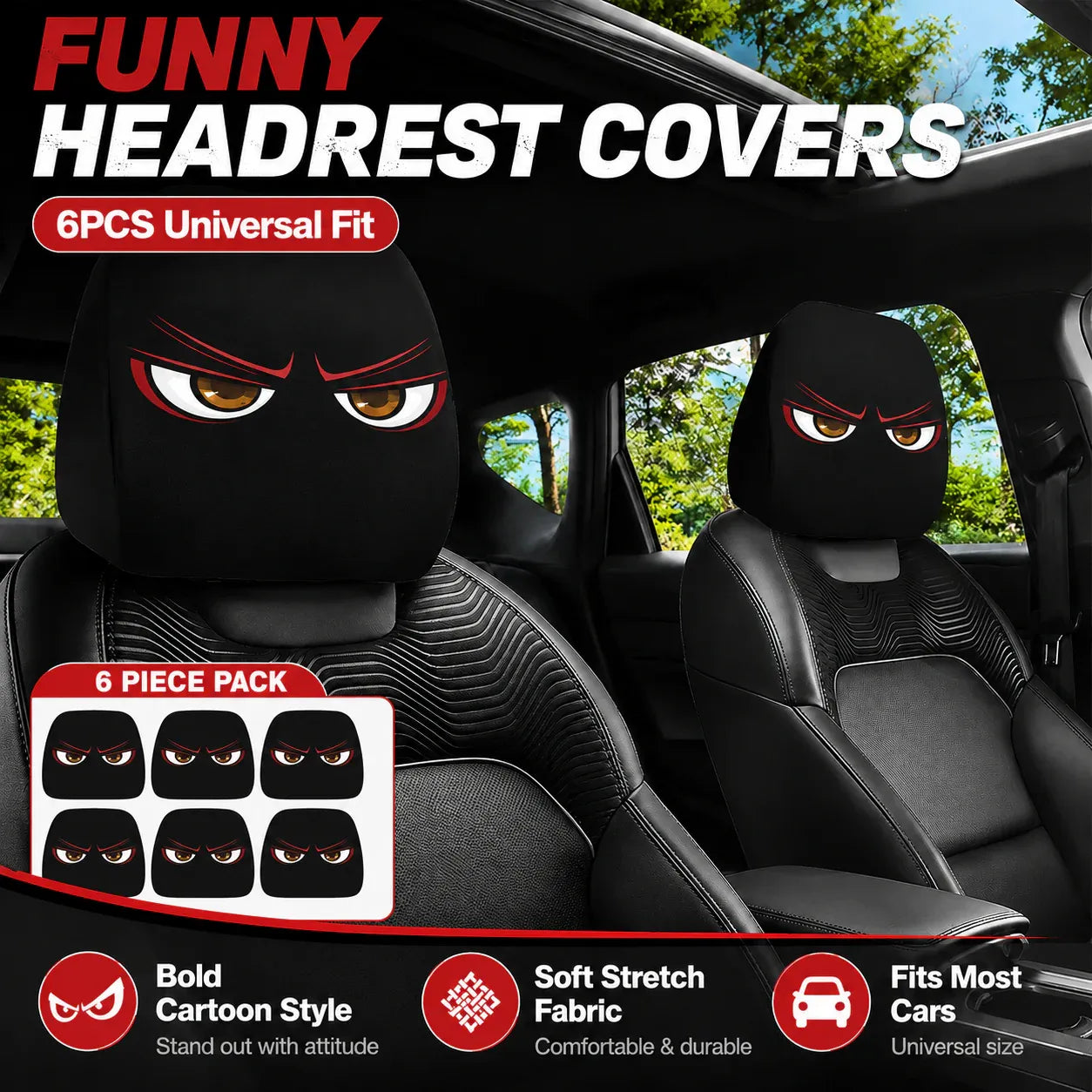 (Halloween 50% Off Sale🔥😆) Funny Cartoon Car Headrest Covers – 2PCS Universal Fit 🚗