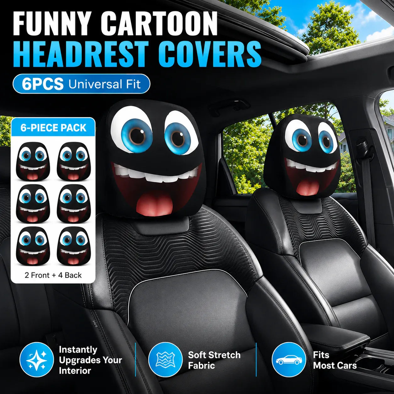 (Halloween 50% Off Sale🔥😆) Funny Cartoon Car Headrest Covers – 2PCS Universal Fit 🚗