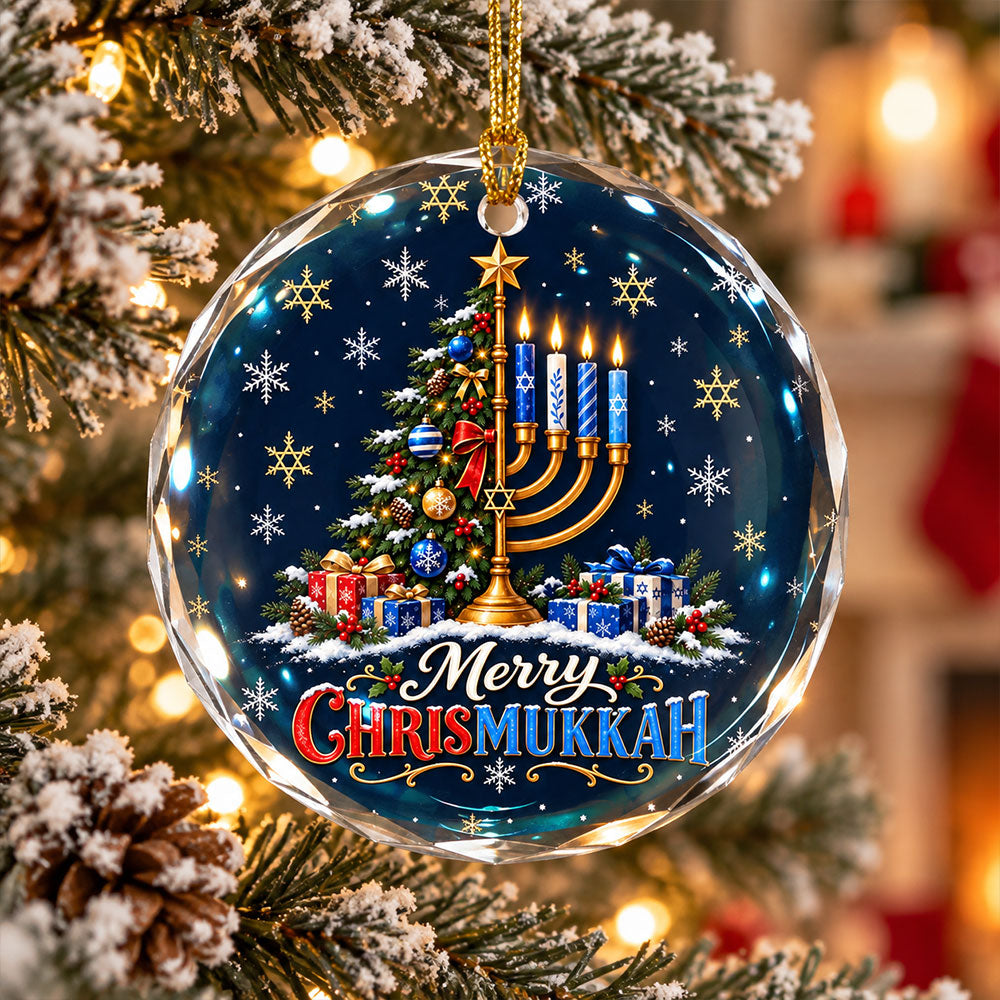 Chrismukkah Ornament, Merry Hanukkah Christmas Tree Menorah Glass Ornament
