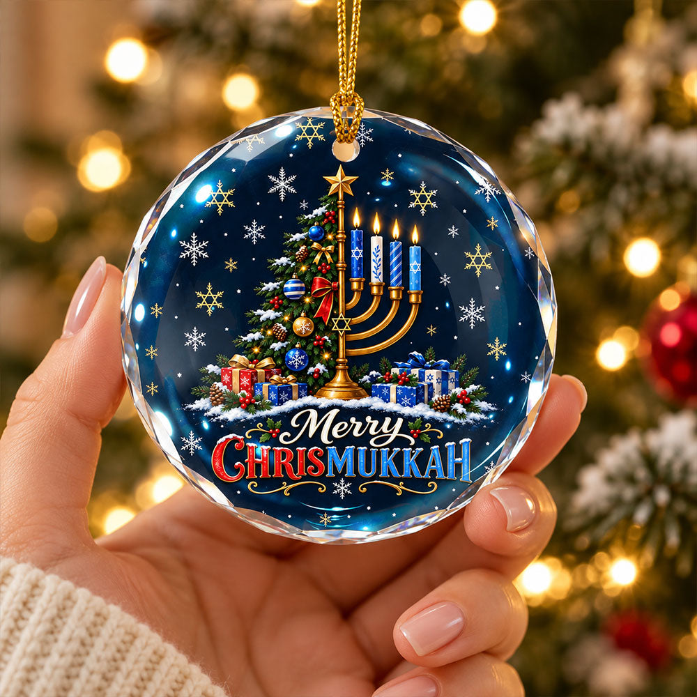 Chrismukkah Ornament, Merry Hanukkah Christmas Tree Menorah Glass Ornament
