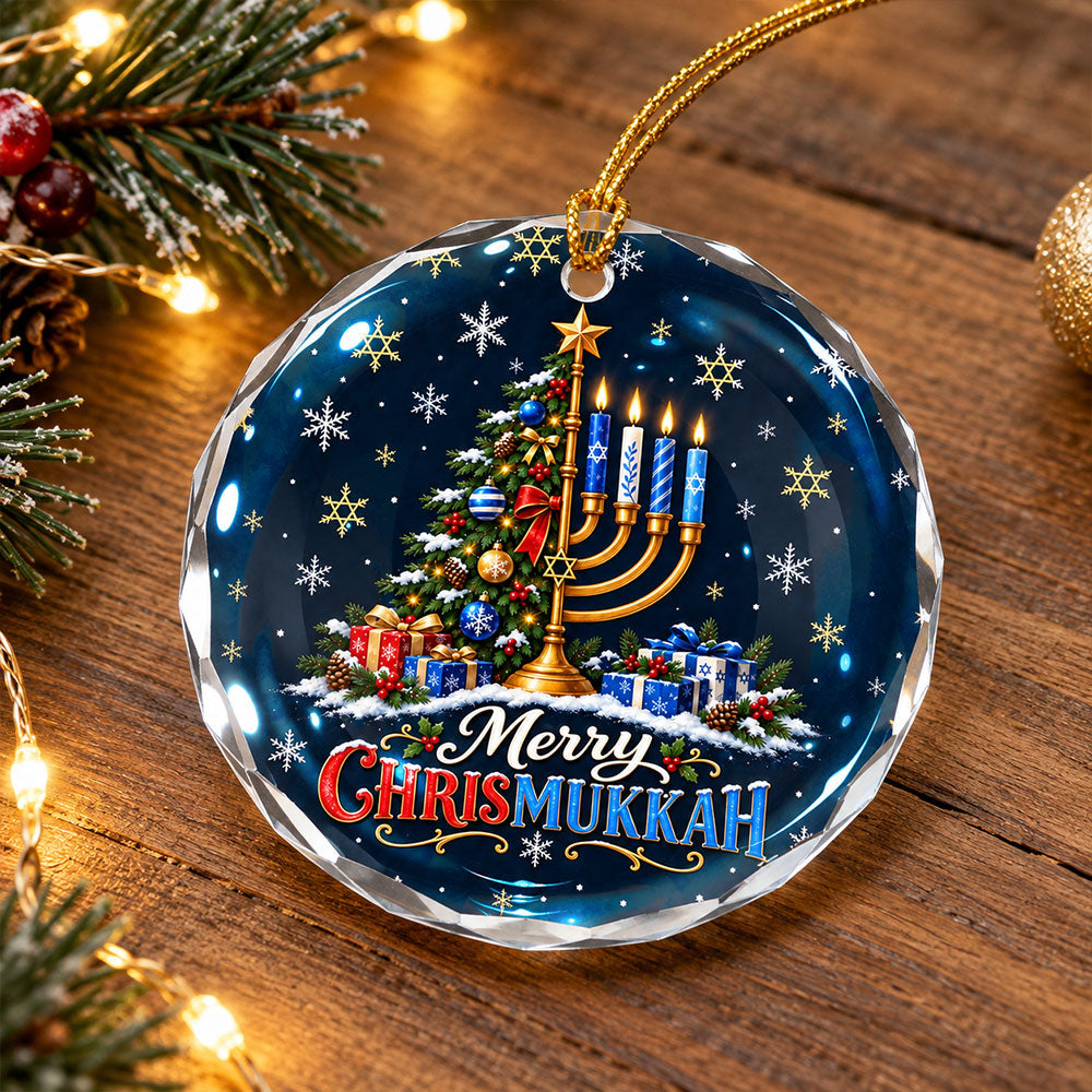 Chrismukkah Ornament, Merry Hanukkah Christmas Tree Menorah Glass Ornament