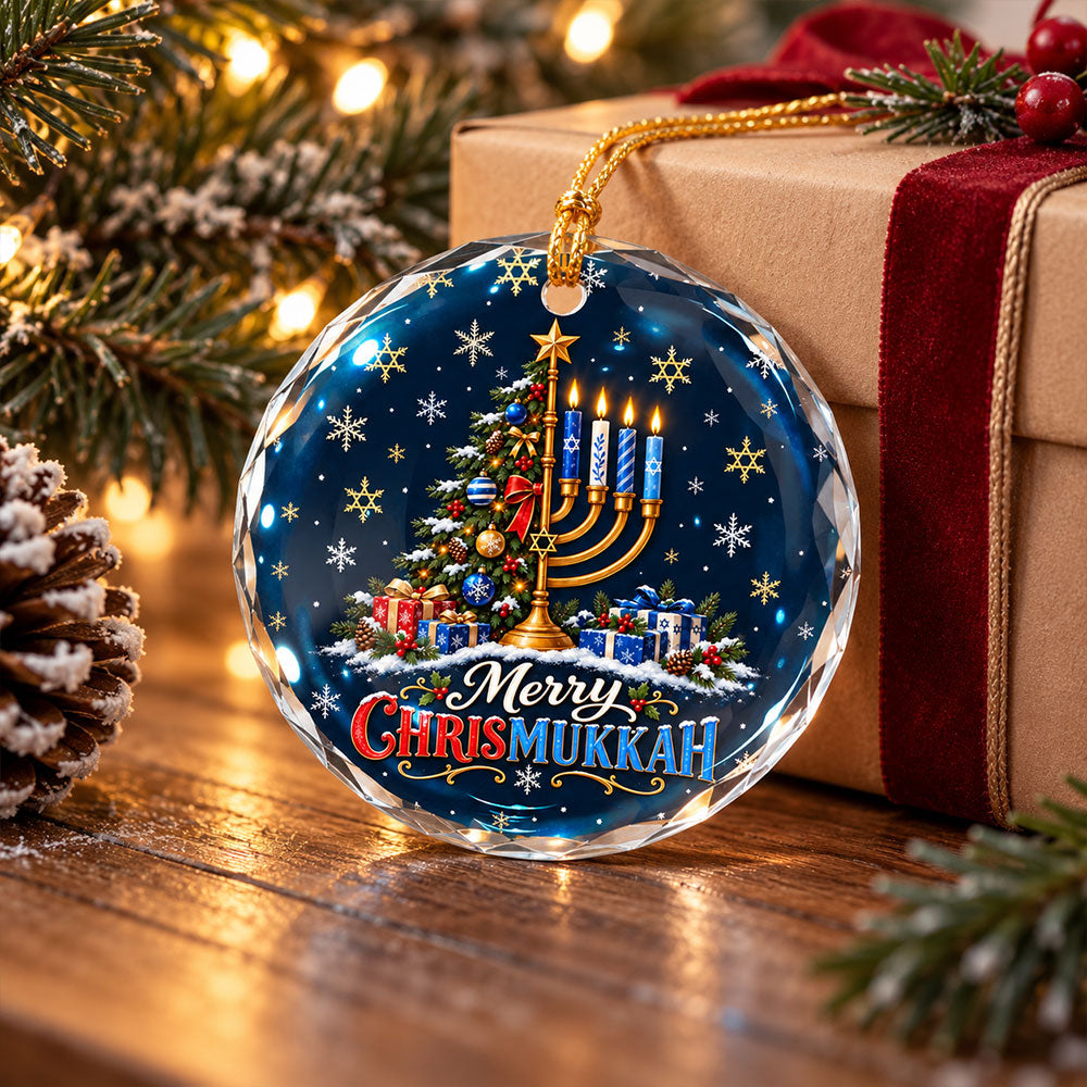Chrismukkah Ornament, Merry Hanukkah Christmas Tree Menorah Glass Ornament