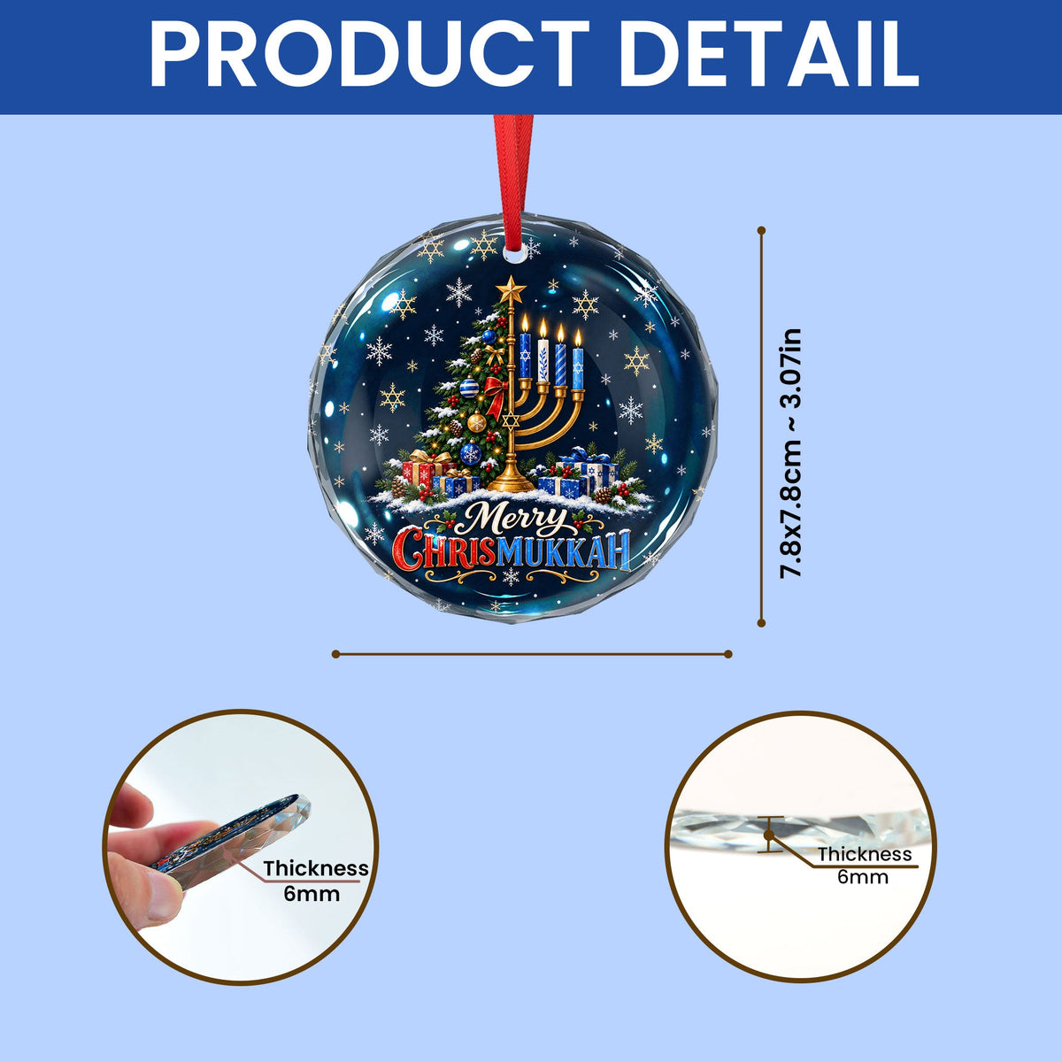 Chrismukkah Ornament, Merry Hanukkah Christmas Tree Menorah Glass Ornament