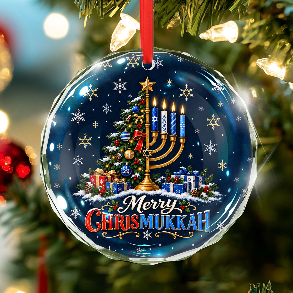 Chrismukkah Ornament, Merry Hanukkah Christmas Tree Menorah Glass Ornament