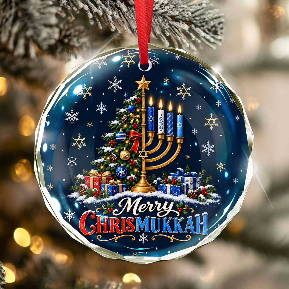 Chrismukkah Ornament, Merry Hanukkah Christmas Tree Menorah Glass Ornament