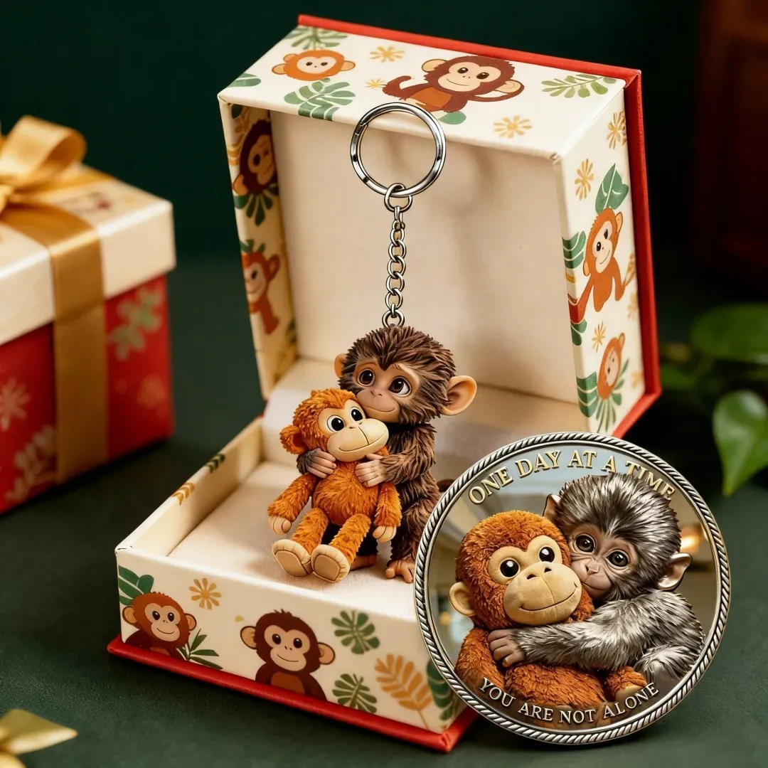 🎀 Warm Companionship Collection｜"ONE DAY AT A TIME" Monkey Keychain + Limited Edition Coin Set