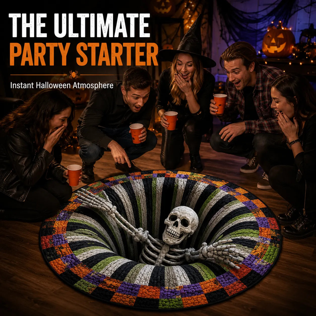🎃3D Skeleton Vortex Quilted Round Halloween Rug