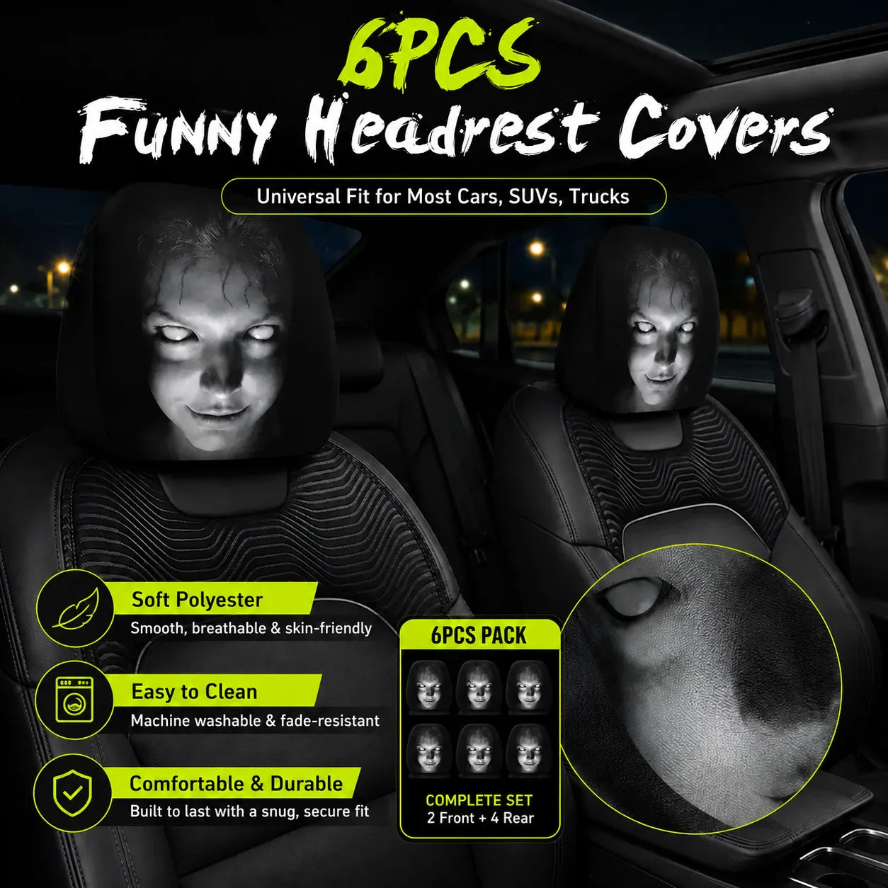 (Halloween 50% Off Sale🔥😆) Funny Cartoon Car Headrest Covers – 2PCS Universal Fit 🚗