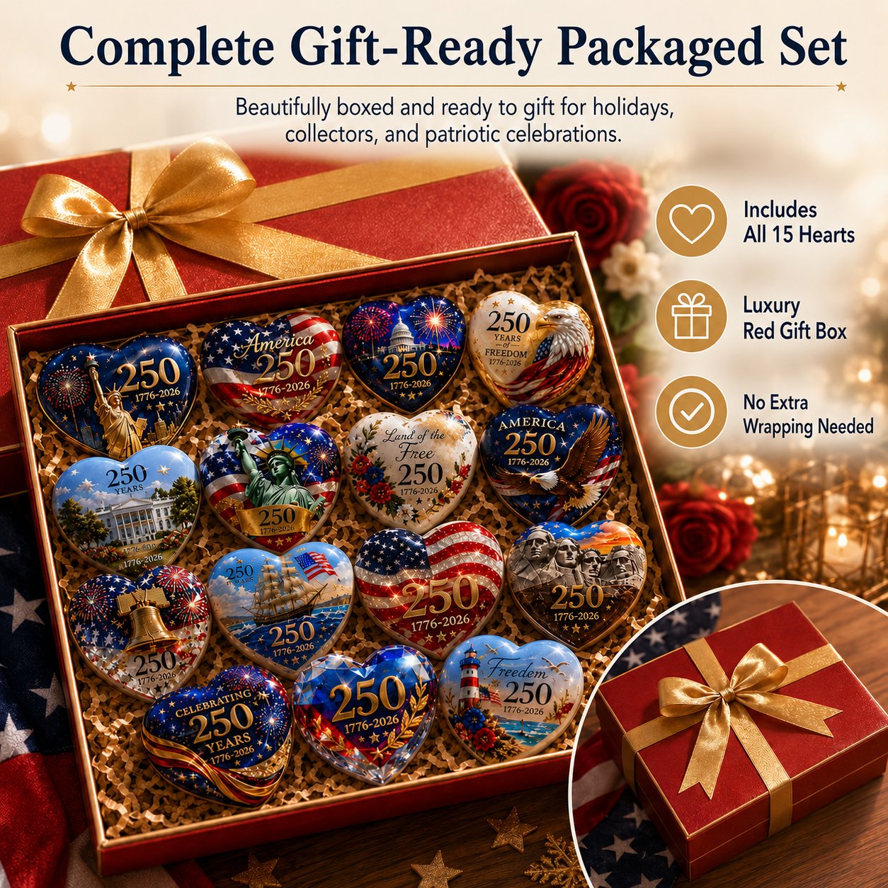 America 250th Anniversary Commemorative Heart Ornament Collection | 15-Piece Patriotic Keepsake Set🎁