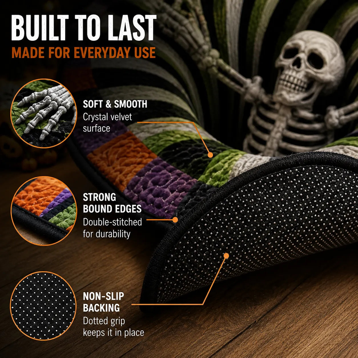 🎃3D Skeleton Vortex Quilted Round Halloween Rug