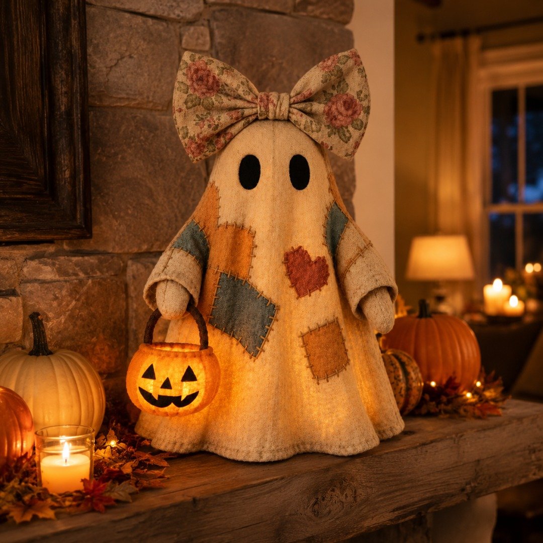 🍂👻 Lighted Vintage Patchwork Ghost