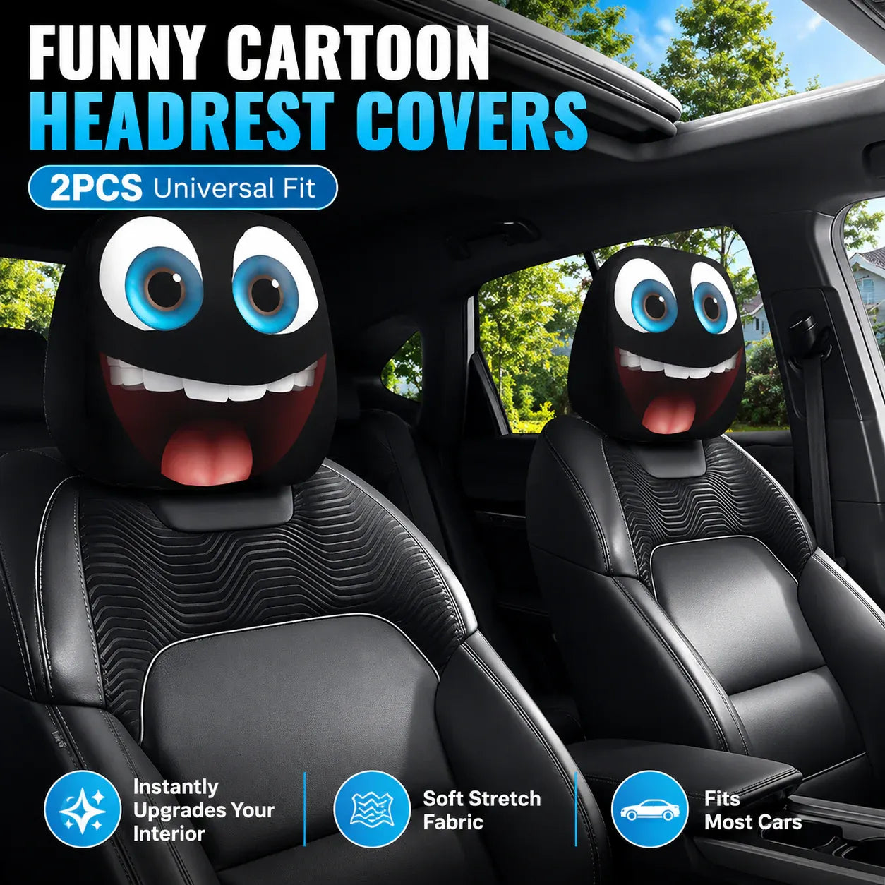 (Halloween 50% Off Sale🔥😆) Funny Cartoon Car Headrest Covers – 2PCS Universal Fit 🚗